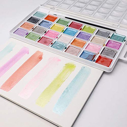 Artecho 28 Metallic Watercolor Paint Set | Glitter Colors, Semi-Moist Pearlescent Watercolor, Non-Toxic, for Beginners & Artists