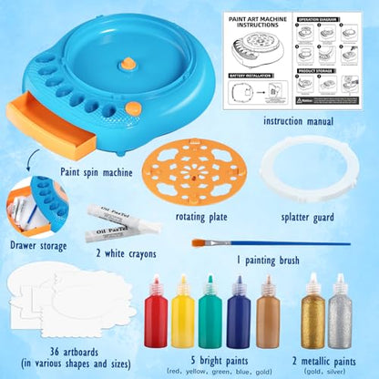 Spin Art Machine for Kids, Paint Spinner Arts & Crafts Gift Kit, Ages 4-12 | Includes machine, 36 artboards, 7 washable paints & splatter guard. Easy-clean, screen-free STEAM gift for girls & boys - color: Blue