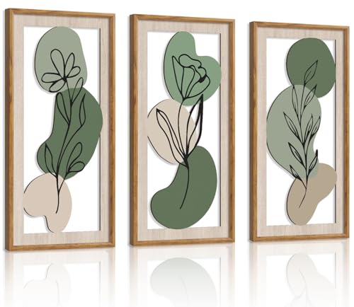 HPNIUB 3 PCS Minimalist Floral Wall Decor, Boho Green Geometric Hanging Wood Sign for Living Room, 8x16Inch Modern Bohemian Botanical Leaf Wooden Plaque for Apartment Bedroom Office Decoration - color: Boho Green Geometric Wooden Wall Art