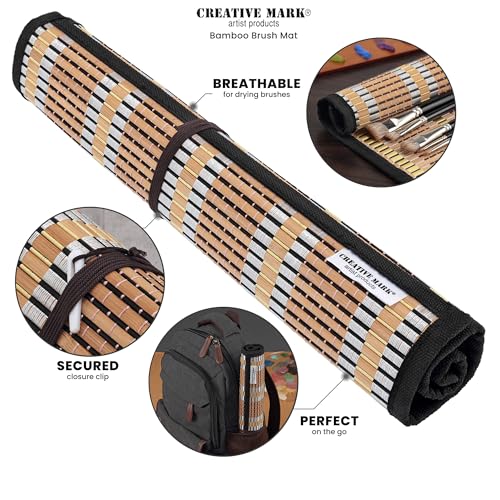 Creative Mark Paint Brush Roll Up Case - Bamboo Brush Mat with Tie Closure, 8 Large Pockets for Short and Long Handle Brushes, Breathable Design for Artists, Teachers, Students - size: Large
