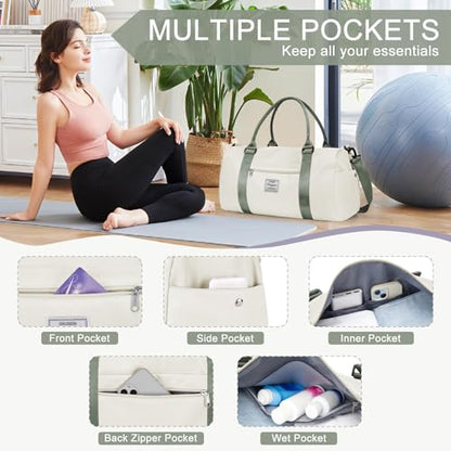Gym Bags for Women Men with Shoes Compartment,Sports Duffle Bags Personal item travel Duffel Tote Bag Small Carry on Weekender Overnight Bag Workout Dance Bag Hospital Holdalls Beige Green - color: A14-Beige&Green