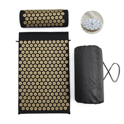 Acupressure Mat and Pillow Set for Back/Neck Pain Relief and Muscle Relaxation (Black/Gold)