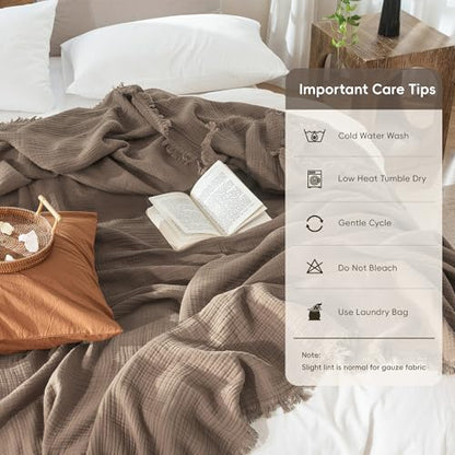 MooMee 100% Cotton Muslin Blanket Fringed 4-Layer Gauze Bed Throw, Queen - color: Brown, size: Queen