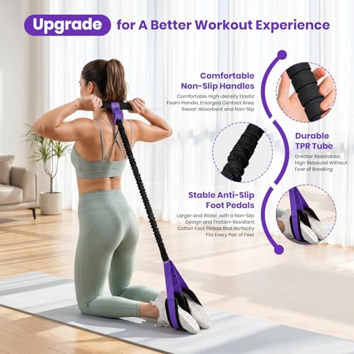 Rojvvec Pedal Resistance Bands with Handle 55LBS, Fitness&Workout Equipment | Upgraded TPR Tube and Soft Foam Fabric Foot Pedal, Exercise Bands Set, Sit Up Equipment for Stretching Training for Home Gym - color: Purple-Black