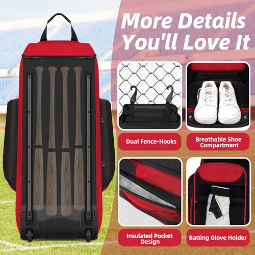 Shopsource Catchers Gear Bag with Wheels, Rolling Baseball Softball Bag with 4 Bat Sleeves, Fence-Hooks, Separate Shoe Compartments and Multi-Pockets, Sturdy Back Base Plate