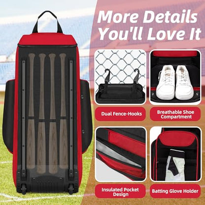 Shopsource Catchers Gear Bag with Wheels, Rolling Baseball Softball Bag with 4 Bat Sleeves, Fence-Hooks, Separate Shoe Compartments and Multi-Pockets, Sturdy Back Base Plate