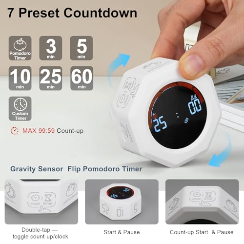 Small Productivity Timer, Pomodoro Timer with 5 Presets (White) | 3/5/10/25/60 Min Presets & Custom Countdown, Magnetic Rechargeable Digital Clock for Desk, Study, Work and Games - color: White