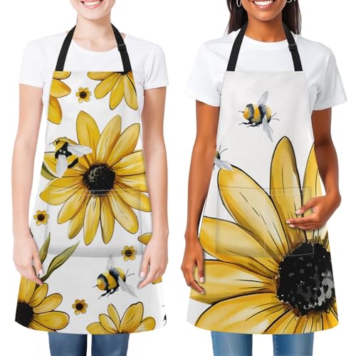 2 PC Aprons Stripe Durable Adjustable Bib with Pockets Apron for Women Men Lovers Chef Home Kitchen Cooking Garden - color: Yellow Flowers