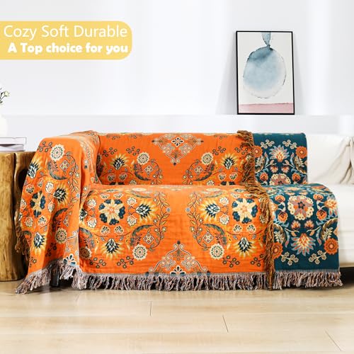 VANJOROY Boho Large Throw Blanket, 100% Organic Cotton Breathable Soft Bed Throw - Floral Farmhouse Decor Blanket for Sofa Couch Chair and Gift. 91" x 98"- Orange - color: Flower-art-red, size: King (91" X 98")