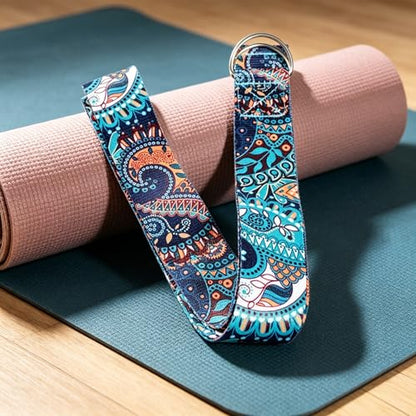 Print Yoga Belt for Stretching,Adjustable Non-Elastic Stretch Strap with Metal Ring Buckle for Stretching,Back Opening,Leg Training & Fitness