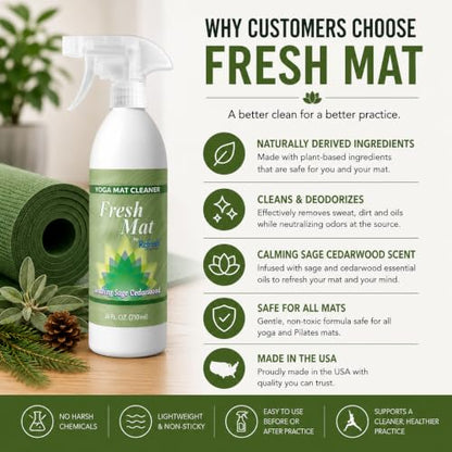 Fresh Mat Yoga Mat Cleaner Spray - Natural Deodorizing Cleaner for Yoga Mats & Fitness Equipment - No-Rinse, Residue-Free Formula with Witch Hazel & Essential Oil, Soothing Sage Cedarwood (24 fl oz). - size: 24 Fl Oz (Pack of 1)