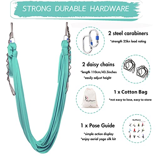 5.5 Yards Aerial Silks Yoga Swing Set - Aerial Yoga Hammock Kit Anti-Gravity Flying for Fitness, Low/Non Stretch Nylon Tricot Fabric Hardware Included for Dance - color: TURQUOISE