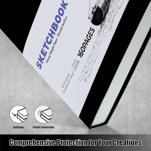 Hardcover Sketch Book 8.5 × 11 in, 180gsm, 80 Sheets, Black | Acid-Free Thick Paper, Marker And Pencil Friendly, Perforated Pages, Elastic Band, Back Pocket - size: 8.5×11 Inch (1 Pack)