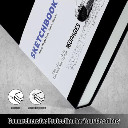 Hardcover Sketch Book 8.5 × 11 in, 180gsm, 80 Sheets, Black | Acid-Free Thick Paper, Marker And Pencil Friendly, Perforated Pages, Elastic Band, Back Pocket - size: 8.5×11 Inch (1 Pack)
