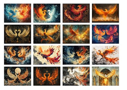 Decoupage Paper Pack (35 Sheets 6"x8") Phoenix Fire Ballet ~ Fiery phoenixes soar and Spiral in Brilliant Flame and ash Across Vivid Mythological Skies in Painterly Fantasy compositions - color: Five