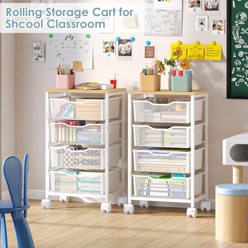 Hongtamoya Rolling Cart with Drawers, Storage Cart with Wheels Metal Rolling Drawer Cart with Lockable Wheels and Wood Tabletop Craft Storage Art Cart for Living Room Bedroom Classroom Office White - color: White, size: 4 Drawers