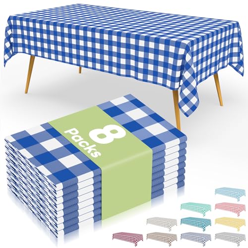 Smiry 8 Packs Gingham Disposable Table Cloth, 54 x 108 Inch Waterproof Plastic Tablecloth, Rectangle Blue and White Checkered Table Covers for Picnic, Birthday, Party - color: Blue and White, size: 54"x108" (Pack of 8)