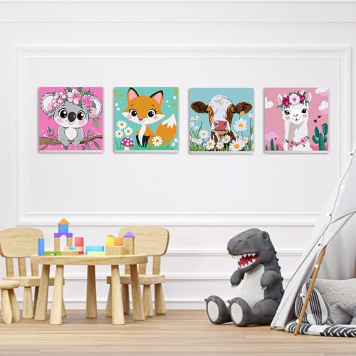QENSPE 4 Pack Paint by Numbers with Wooden Frame, Cartoon Animals Painting by Number, DIY Cute Animal Acrylic Oil Paints Arts on Canvas, Home Wall Decor Gift 8X8 inch - color: Koala+Fox+Cow+Alpaca
