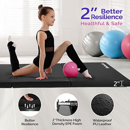 Matladin 6' Folding Tri-fold Gymnastics Gym Exercise Aerobics Mat, 6ft x 2ft x 2in PU Leather Tumbling Mats with Hook & Loop Fastener for Stretching Yoga Cheerleading Martial Arts - color: Black