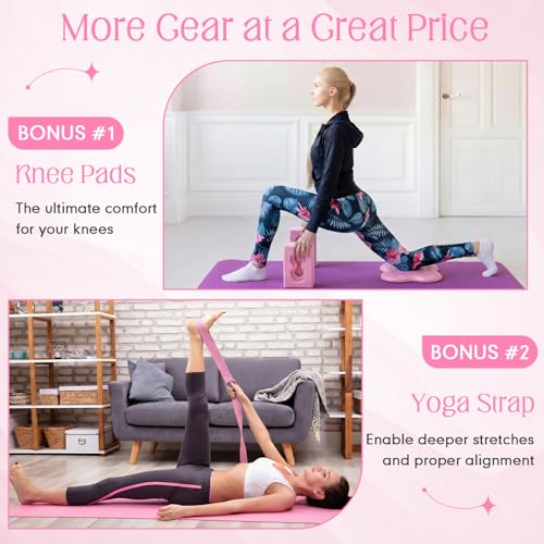 Yoga Blocks 2 Pack for Wrist Relief,Yoga Block with Knee Pads Strap - color: Pink