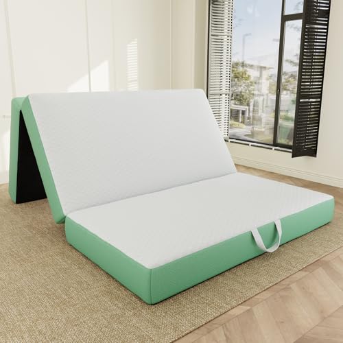 ROXGOX Memory Foam Trifold Mattress, 6 Inch Queen Foldable Mattress, Portable Floor Bed with Washable Cover, Handle & Non-Slip Bottom, for RV, Travel, Camping, Yoga, 78"x58"x6", White Green - size: Queen, style: 6 Inch-White