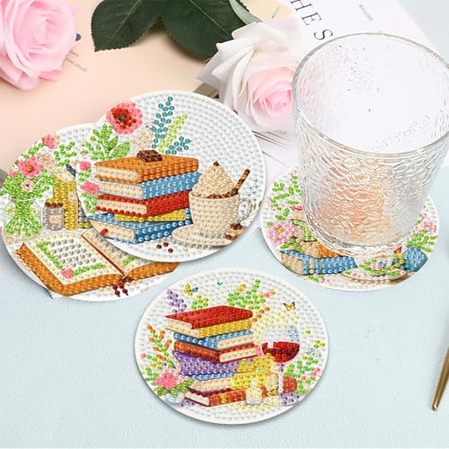 Mrnsiet 8PCS Books Diamond Art Coaster Kits for Adults, DIY Books Diamond Painting Coaster with Holder, Non Slip Hardwood Bases Coaster Set Gift for Beginners 4x4 Inch - color: Bdwy470-us