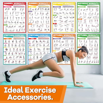 gisgfim 8PCS Workout Posters for Home Gym-Dumbbells, Bodyweight, Stretching, Kettlebell Exercise Chart Full Body Laminated Fitness Training Poster Muscle Engagement Chart Garage Accessories Wall Decor