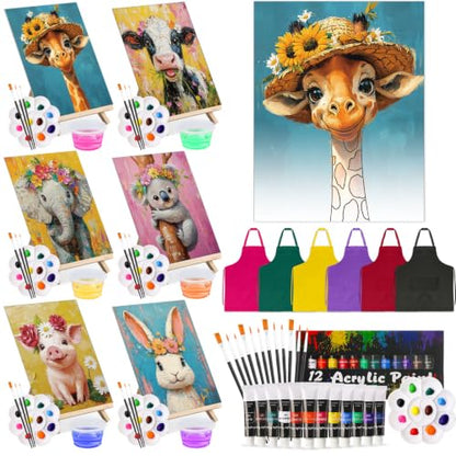 Cholemy 6 Set Paint and Sip Kit for Adults 8"x 10" Pre Drawn Canvas Painting with Wooden Easel Acrylic Paint Wash Cup Brushes Palette Apron for Painting DIY Adult's Date Party Supplies(Flower Animal) - style: Flower Animal
