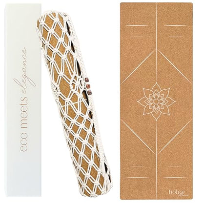 Premium Cork Yoga Mat Large 72"x26" – 5mm Thick Natural Rubber Cushioning - Non Slip Grip for Hot Yoga - Non-toxic & Odor-free - Stylish Alignment Lines & Elegant Boho Yoga Bag