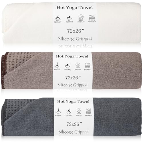 Hahafelt 3 Pack Hot Yoga Towel Non Slip 72" x 26" Extra Large Microfiber Yoga Mat Towel with Grip Dot Absorbent Sweat Anti-Slip Mat Cover for Pilates Fitness(Beige Dark Gray Coffee) - color: Beige Dark Gray Coffee