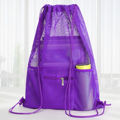 NATURAL STYLE Mesh Drawstring Backpack Bag, Gym Sports Bag with Zipper Pocket Bottle Holder, String Beach Bag for Swiming Travel (Purple) - color: Purple