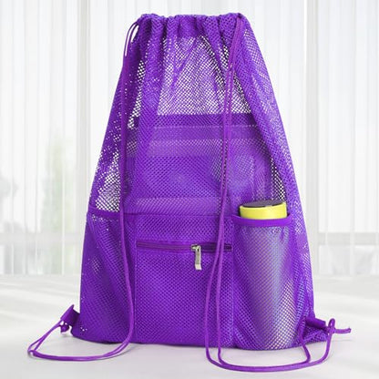 NATURAL STYLE Mesh Drawstring Backpack Bag, Gym Sports Bag with Zipper Pocket Bottle Holder, String Beach Bag for Swiming Travel (Purple) - color: Purple
