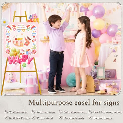 57.1" Gold Easel Stand for Sign,Tall Heavy Duty Display Easel | Folding Metal Easel for Wedding Welcome Sign,Poster，Mirror, Painting，Art Display, Photo, 4-Tier Height ，Adjustable Chain - size: high--57.1"