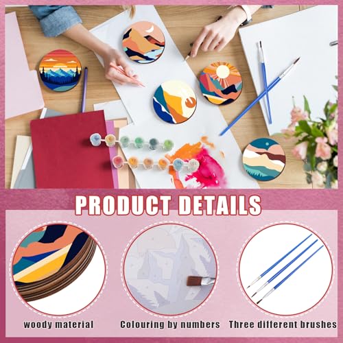 Reallnaive 8 Pcs Mountain Paint by Numbers Kit for Adults Wooden Coasters | Mini Paint by Numbers, Tiny Landscape Round Oil Painting Drink Coaster with Holder, for Small DIY Craft Birthday Gift - style: Mountain