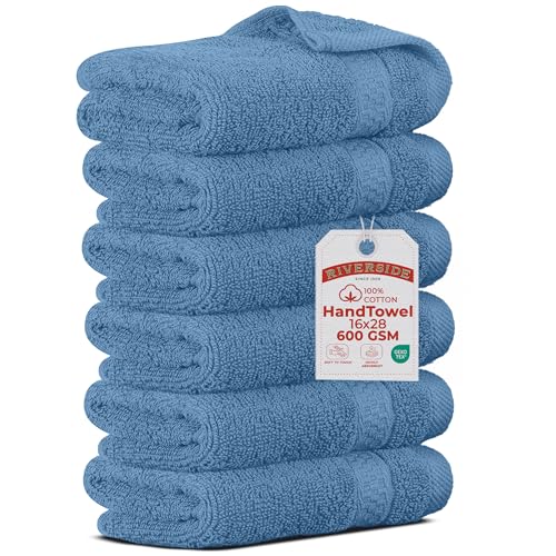 RIVERSIDE 6-Pack Premium Hand Towels Set, 16x28 inches, 100% Ring Spun Cotton, Super Soft, Quicker to Dry and Highly Absorbent, Towels for Bathroom, Kitchen, Gym, Spa, Electric Blue - color: Electric Blue, size: Hand Towels - 6 Pack