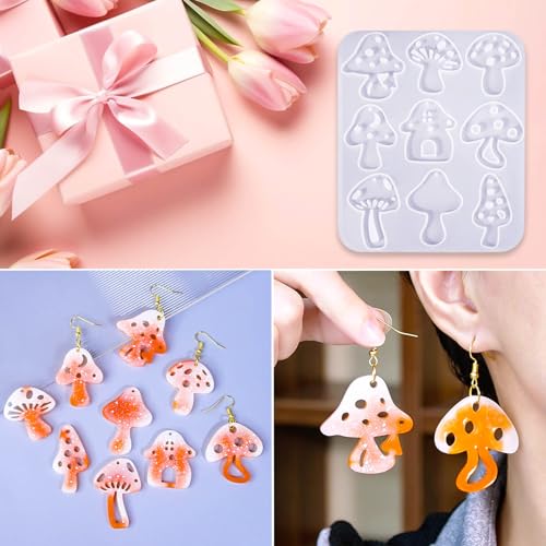 3 Pack Mushroom Earring Molds – Premium Silicone Resin Jewelry Molds (35 Unique Designs) with 200Pcs Ear Hooks & Jump Rings, DIY UV Epoxy Resin Casting Kit for Earrings, Pendants & Keychains