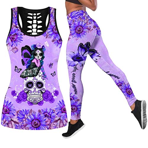 Women’s Sugar Skull Yoga Outfits for Women 2 Piece Sets, Summer Tank Tops Leggings Workout Activewear for Girls - color: Purple-d, size: Small