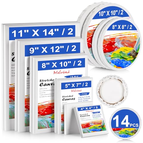 Stretched Canvas - 4x4, 5x7, 8x10, 9x12, 11x14 and Round Canvas 8x8, 10x10 (2 of Each) Total 14 Canvas Pack - 100% Cotton Blank Canvases for Oils Acrylics and Pouring - size: 14 Packs -7 Sizes (2 of Each)