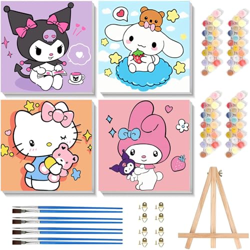 4 Pcs Cartoon Paint by Numbers Kit for Kids Ages 8-12 with Frame and Easel | Cute Kids Paint by Numbers Ages 4 8 12 for Girls Boys Gifts, Easy DIY Acrylic Oil Painting for Home Wall Decor (8x8 inch) - color: BKH1485-BKH1488