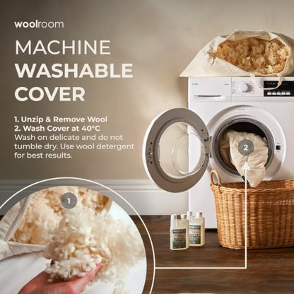 WOOLROOM Organic V-Shaped Washable Wool Pillow - 100% Natural Traceable Washable Organic Wool Organic Cotton 300 Thread Adjustable Bed Pillow - Feather Down Alternative Bedding