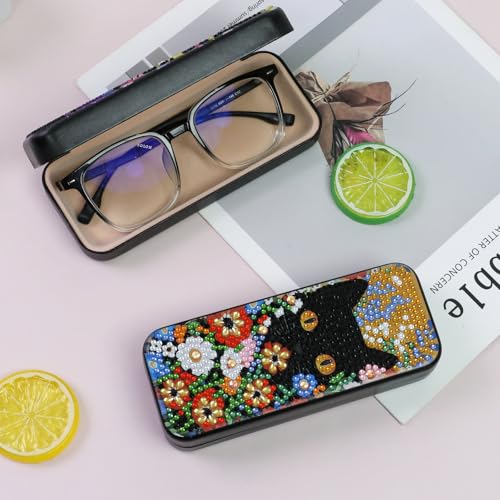 FlyingMage 5D Diamond Art Painting Kit for Adults Beginner, Small DIY Diamond Dots Gem Art Painting Mosaic Kits, Cute Hard Shell Sunglasses Eyeglasses Glasses Case for Women Teen, Flower Cat - color: Orange Cat
