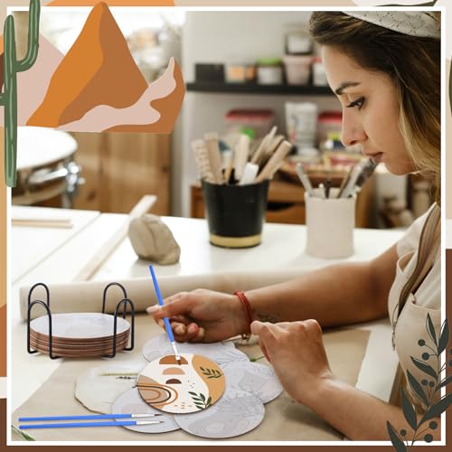 Reallnaive 8 Pcs Boho Paint by Numbers Kit for Adults Wooden Coasters | Mini Paint by Numbers, Tiny Cute Round Oil Painting Drink Coaster with Holder, for Small DIY Craft Birthday Gift - style: Boho