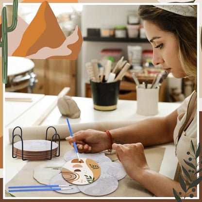 Reallnaive 8 Pcs Boho Paint by Numbers Kit for Adults Wooden Coasters | Mini Paint by Numbers, Tiny Cute Round Oil Painting Drink Coaster with Holder, for Small DIY Craft Birthday Gift - style: Boho