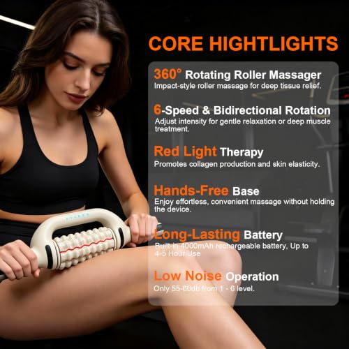 Electric Rolling Percussive Massager with Redlight | Handheld Massager for Lymphatic Drainage & Lymphedema, Muscle Recovery Roller, 6-Speed Foot Roller Massage Tool Relax Gift - color: Cream