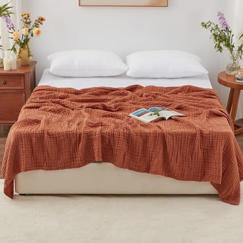 Love's cabin 100% Cotton Muslin Blanket, 6 Layer Lightweight Breathable Gauze King Size Blanket 108 x 90 Inches, Soft Summer Blanket for Bed, Orange - color: Orange, size: King(108"x90")