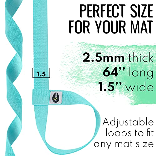 TECEUM Bundle of 2 Items – Stretching Strap for Yoga Light Green Polypropylene 1” & Yoga Mat Strap Blue Mint 64 IN – Mat Holder Sling For All Mats – Leg Strap for Exercising, Physical Therapy