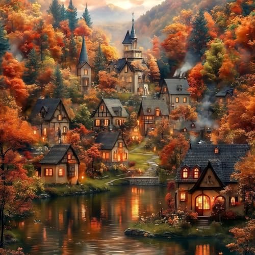 DOTSTART Diamond Painting Kits for Adults, Autumn House Diamond Art Kits | Fall Forest Paint by Diamonds, Full Drill Round Diamond Gem Art Painting, Home Wall Art Decor, 13.78 x 13.78 inch - color: KM935-1