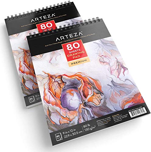 ARTEZA Artist Sketch Pad, 9x12 Inches – 2-Pack, 80 Spiral-Bound Sheets Each, Acid-Free 80 lb White Paper for Sketching, Drawing & Daily Art Practice - size: 9"x12" (Pack of 2)