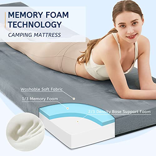 HomeMate Memory Foam Camping Mattress Pad: Portable Car Sleeping Pad | Roll Up Floor Mattress for Camping Cot Tent Truck Travel, Non-Slip Waterproof Sleeping Mat for Adults Guests - color: Grey, size: Cot / 72*24*3