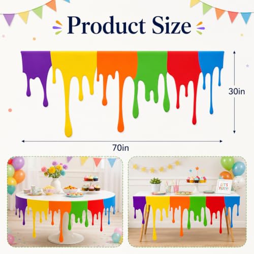 Rainbow Paint Drip Table Skirt 71×30in Polyester Neon Table Cloth with Adhesive Back,Teacher Desk Skirts for Teacher Desk,Art Classroom Decor,Back to School Kids Art Table Party Supplies
